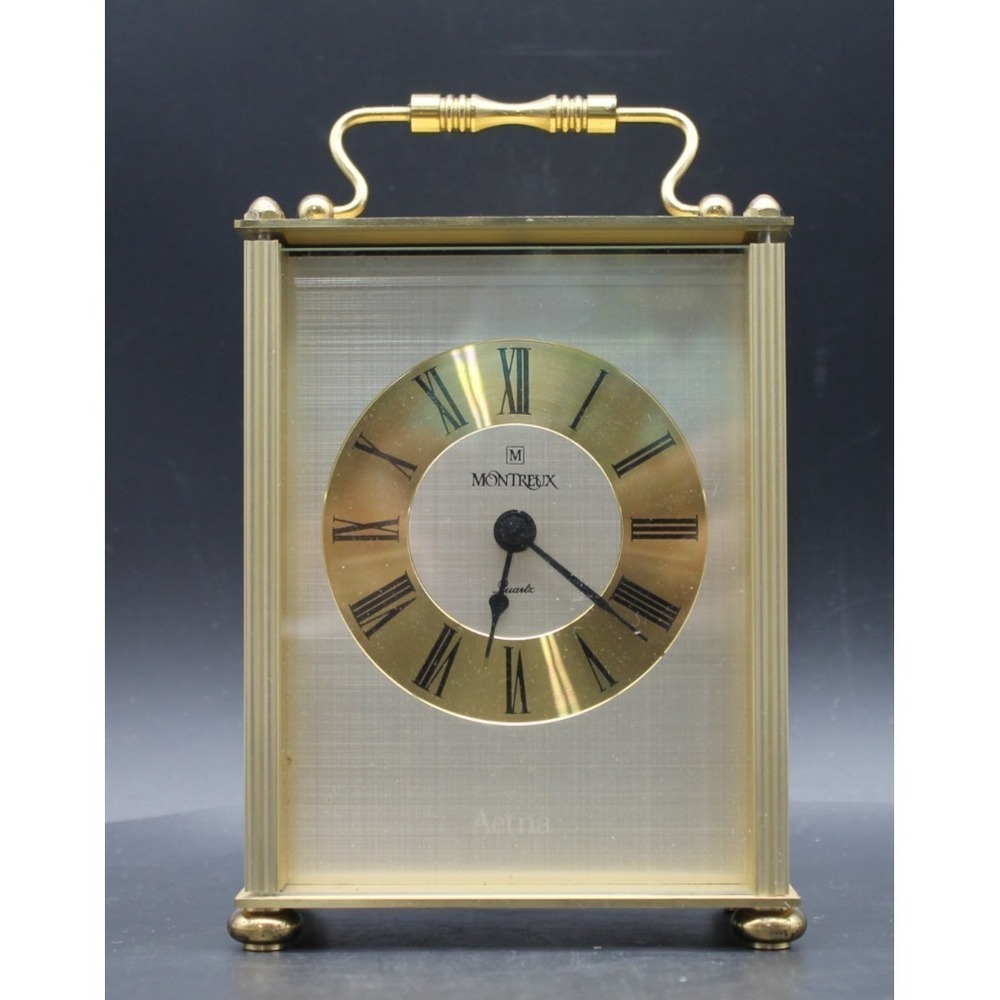 Vintage Montreux Brass Carriage Mantel Clock Quartz Germany Aetna Engraved